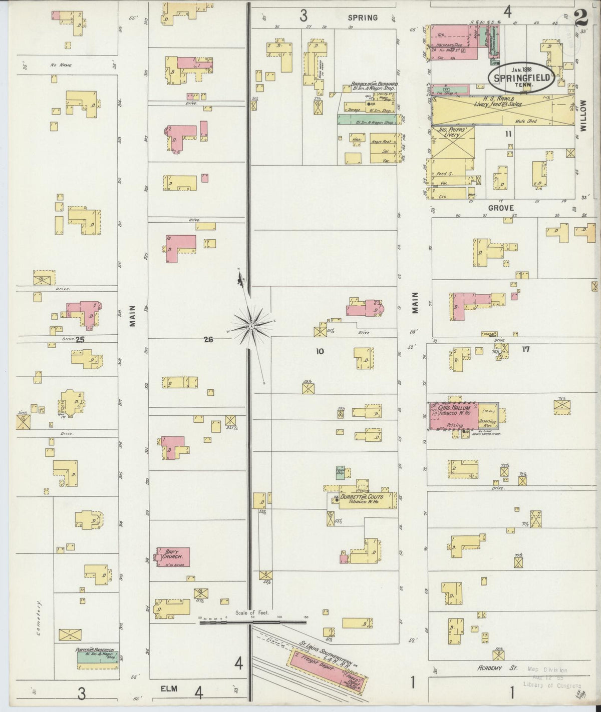 Sanborn Fire Insurance Map from Springfield, Robertson County, Tennessee (1898), Sheet #0002 - Historic Sanborn Fire Insurance Map Print, vintage old map wall art, antique decor, genealogy gift, Tennessee Tennessee map