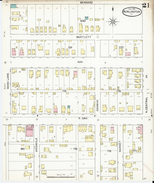 Sanborn Fire Insurance Map from Burlington, Des Moines County, Iowa (1892), Sheet #0021 - Historic Sanborn Fire Insurance Map Print, vintage old map wall art