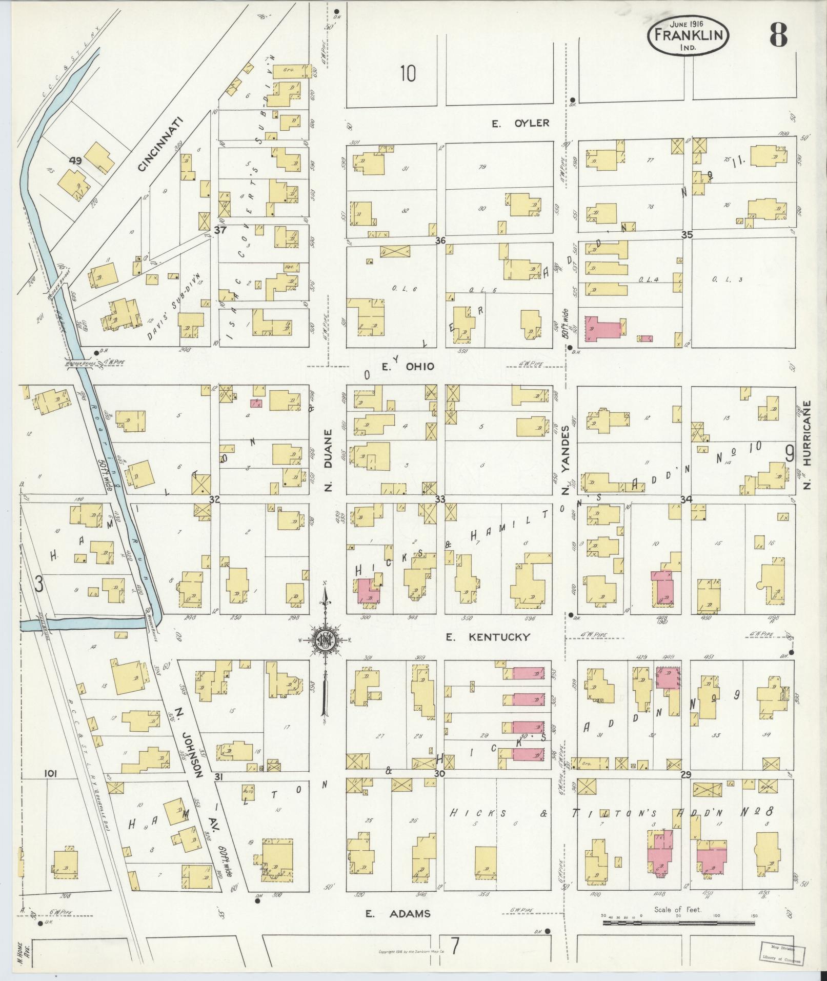 Sanborn Fire Insurance Map from Franklin, Johnson County, Indiana (1916), Sheet #0008 - Complete Map Set gallery image, historic Sanborn map, vintage wall art, Indiana Indiana