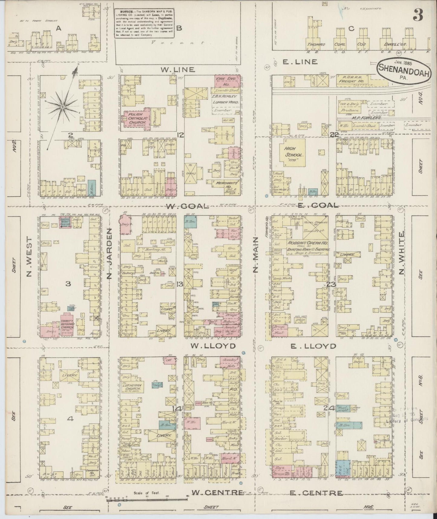 Sanborn Fire Insurance Map from Shenandoah, Schuylkill County, Pennsylvania (1885), Sheet #0003 - Complete Map Set gallery image, historic Sanborn map, vintage wall art, Pennsylvania Pennsylvania