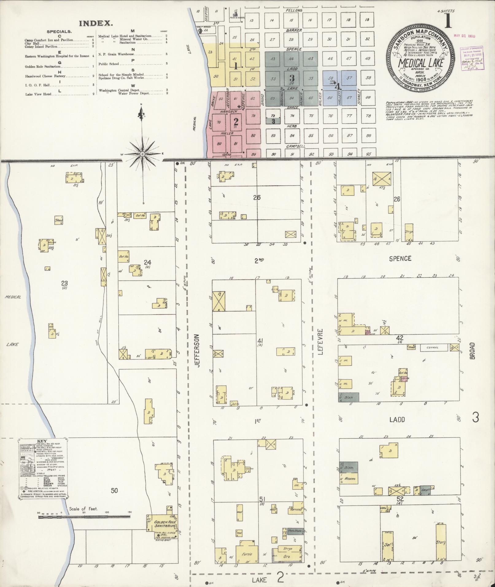 Sanborn Fire Insurance Map from Medical Lake, Spokane County, Washington (1908), Sheet #0001 - Historic Sanborn Fire Insurance Map Print, vintage old map wall art, antique decor, genealogy gift, Washington Washington map
