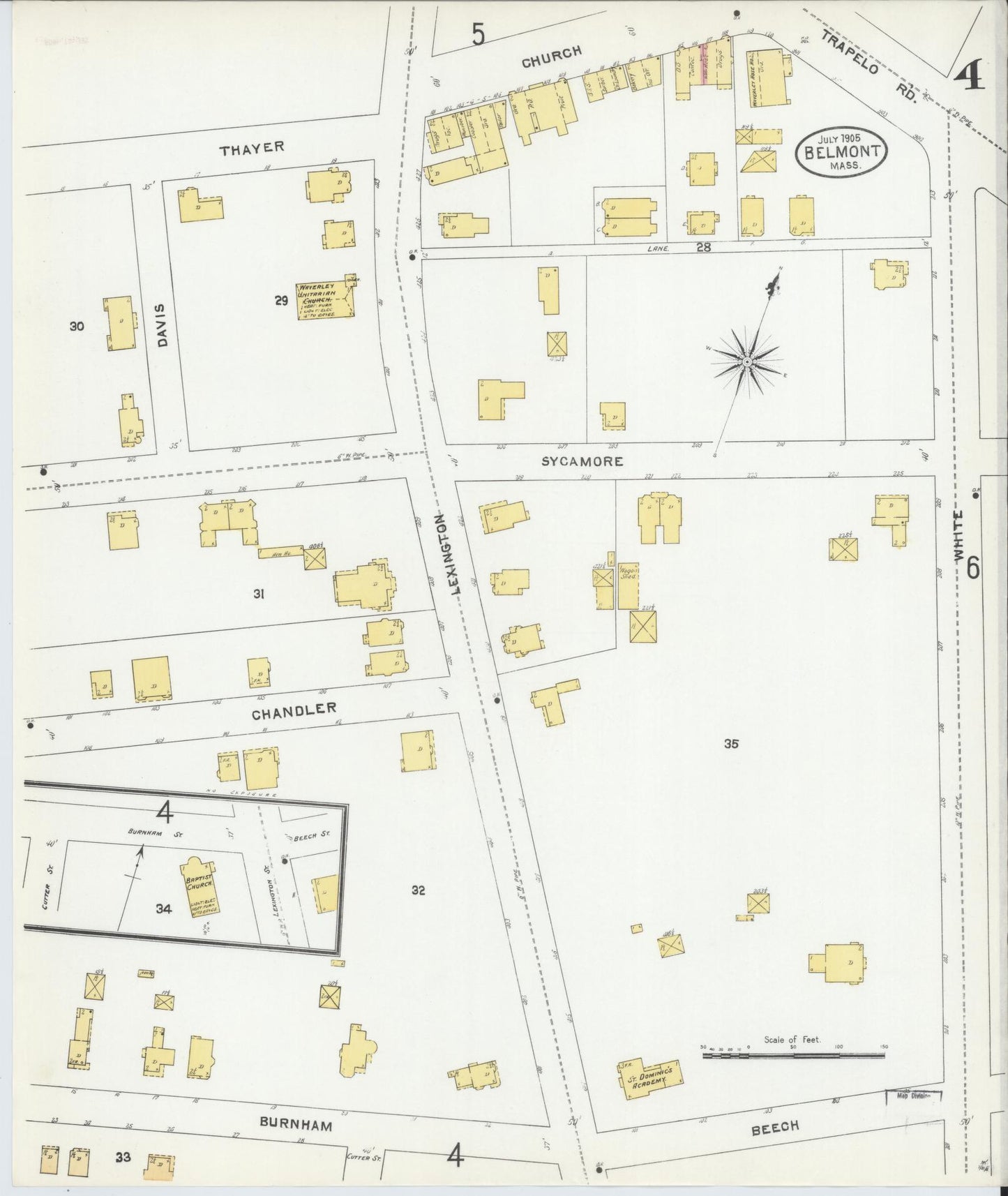 Sanborn Fire Insurance Map from Belmont, Middlesex County, Massachusetts (1905), Sheet #0004 - Complete Map Set gallery image, historic Sanborn map, vintage wall art, Massachusetts Massachusetts
