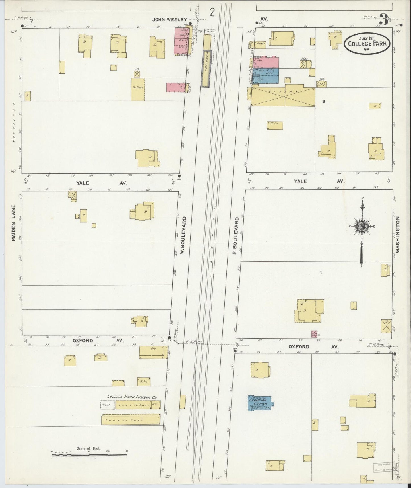 Sanborn Fire Insurance Map from College Park, Fulton County, Georgia (1911), Sheet #0003 - Historic Sanborn Fire Insurance Map Print, vintage old map wall art, antique decor, genealogy gift, Georgia Georgia map