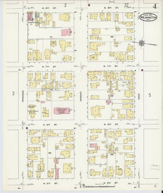 Sanborn Fire Insurance Map from Wilmington, New Hanover County, North Carolina (1910), Sheet #0004 - Historic Sanborn Fire Insurance Map Print, vintage old map wall art, antique decor, genealogy gift, North Carolina North Carolina map