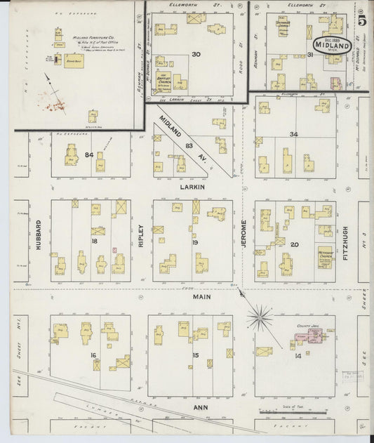 Sanborn Fire Insurance Map from Midland, Midland County, Michigan (1889), Sheet #0005 - Historic Sanborn Fire Insurance Map Print, vintage old map wall art, antique decor, genealogy gift, Michigan Michigan map