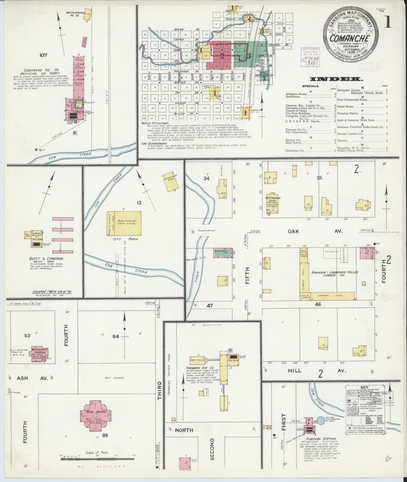 Sanborn Fire Insurance Map from Comanche, Stephens County, Oklahoma (1908), Sheet #0001 - Historic Sanborn Fire Insurance Map Print, vintage old map wall art, antique decor, genealogy gift, Oklahoma Oklahoma map