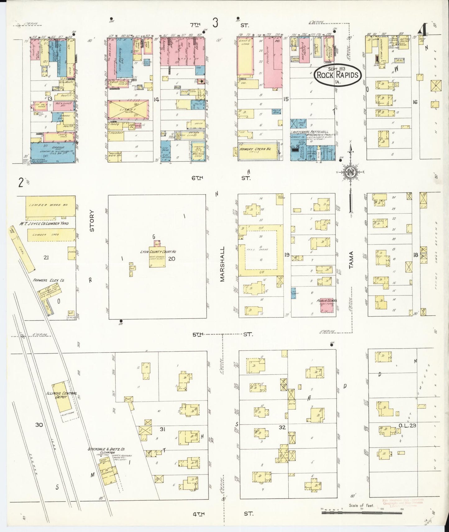 Sanborn Fire Insurance Map from Rock Rapids, Lyon County, Iowa (1913), Sheet #0004 - Historic Sanborn Fire Insurance Map Print, vintage old map wall art