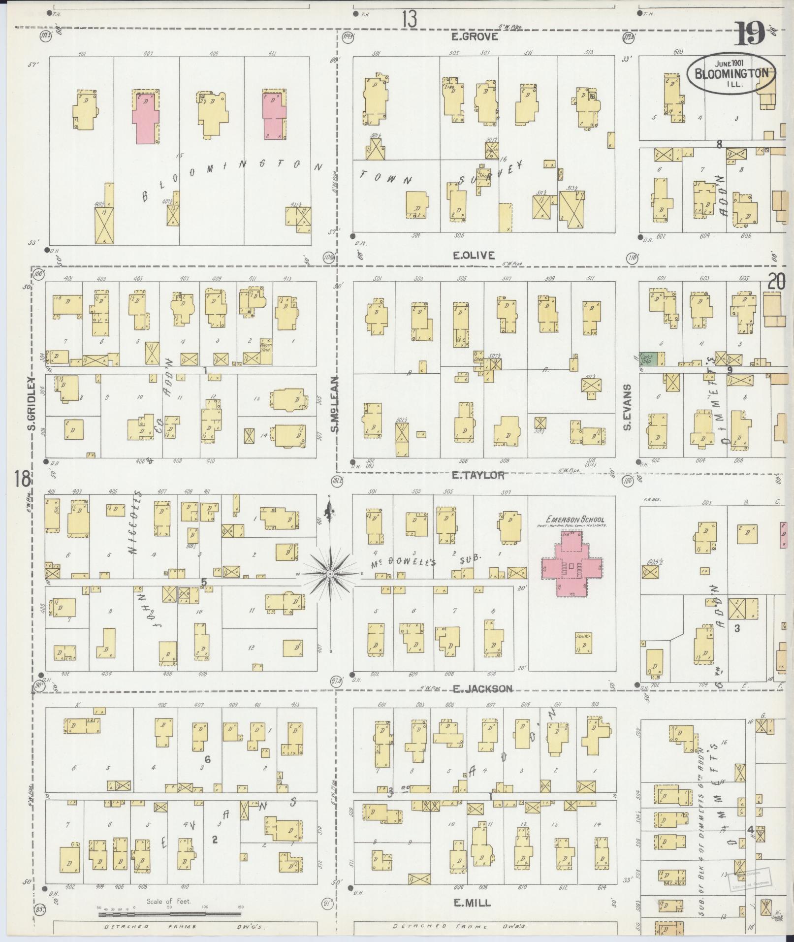 Sanborn Fire Insurance Map from Bloomington, McLean County, Illinois (1901), Sheet #0019 - Complete Map Set gallery image, historic Sanborn map, vintage wall art, Illinois Illinois