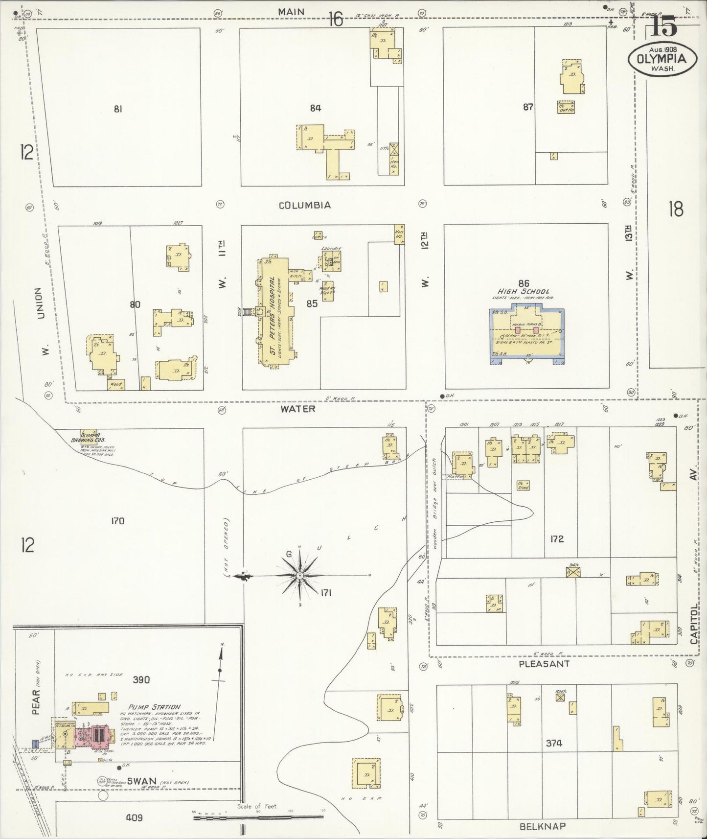 Sanborn Fire Insurance Map from Olympia, Thurston County, Washington (1908), Sheet #0015 - Complete Map Set gallery image, historic Sanborn map, vintage wall art, Washington Washington