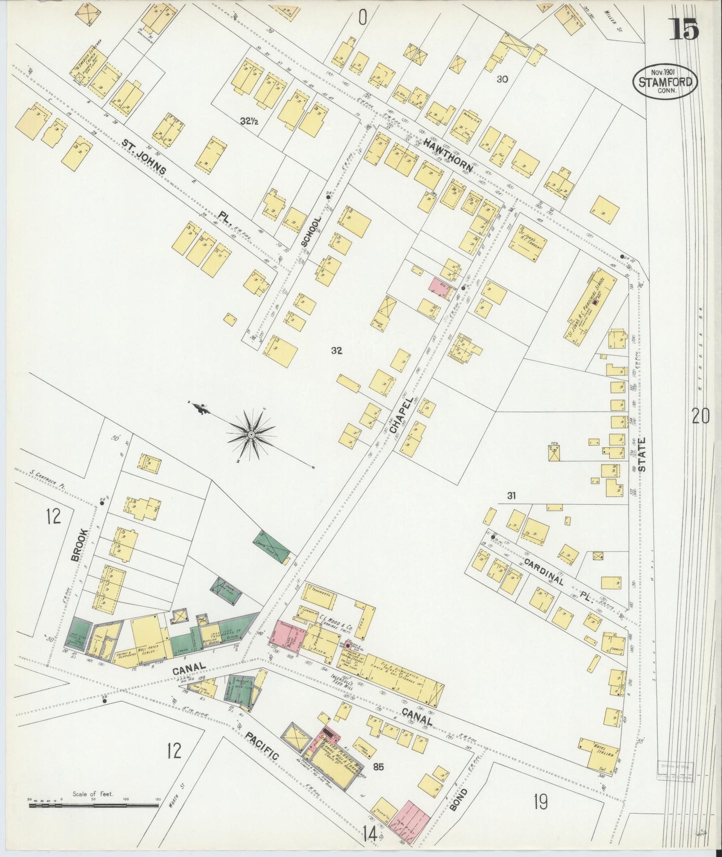 Sanborn Fire Insurance Map from Stamford, Fairfield County, Connecticut (1901), Sheet #0015 - Complete Map Set gallery image, historic Sanborn map, vintage wall art, Connecticut Connecticut