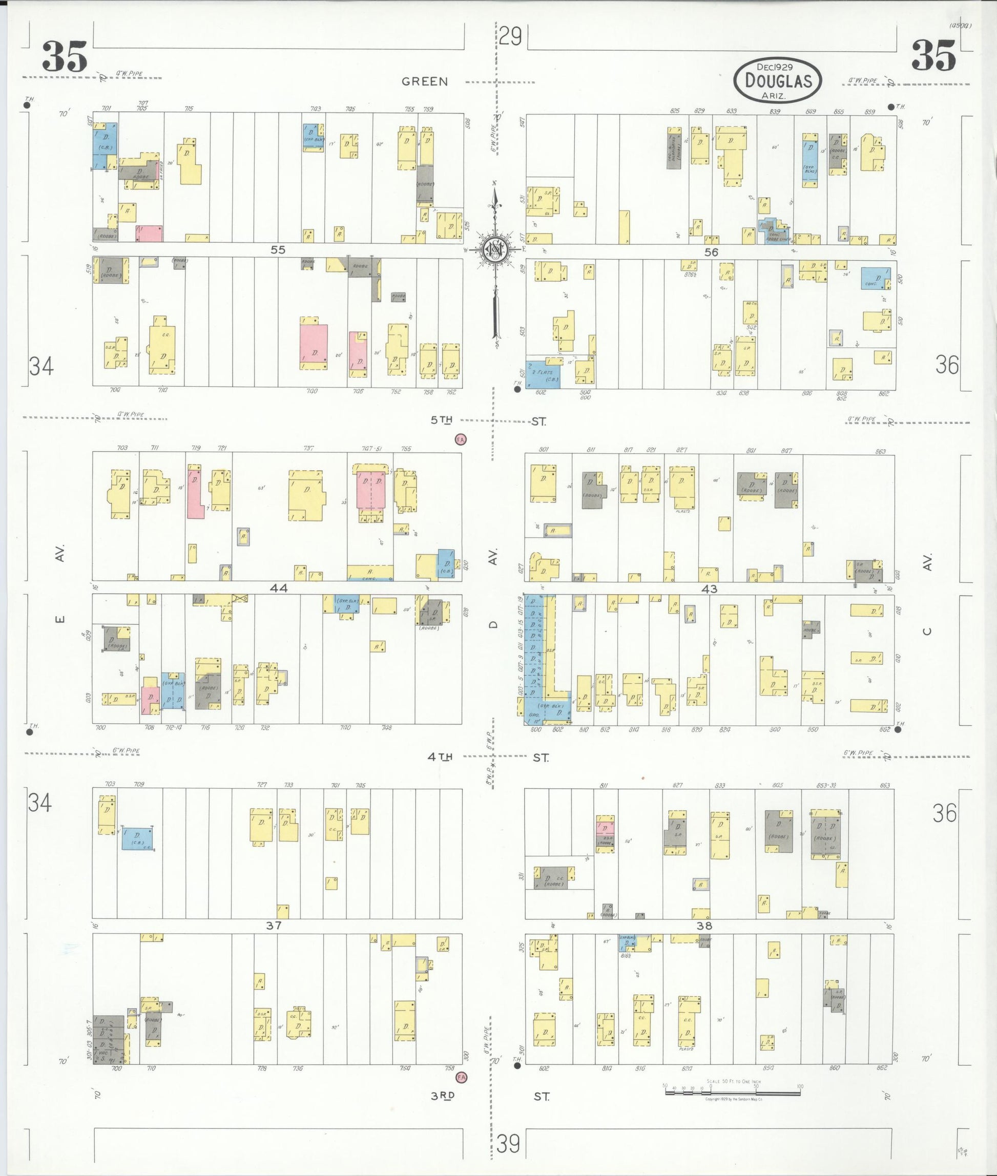 Sanborn Fire Insurance Map from Douglas, Cochise County, Arizona (1929), Sheet #0035 - Complete Map Set gallery image, historic Sanborn map, vintage wall art, Arizona Arizona