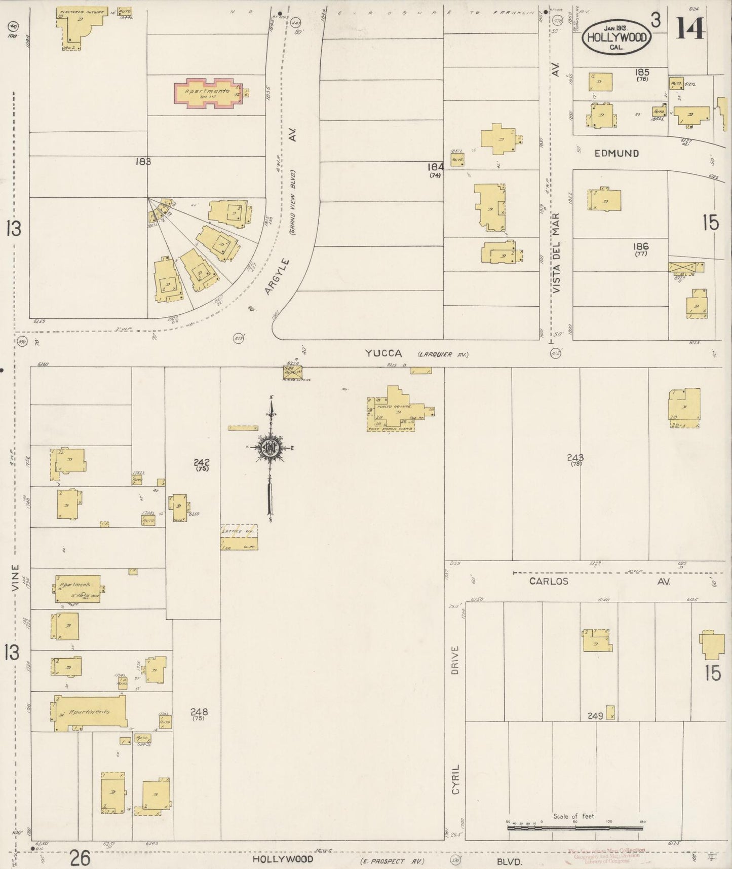 Sanborn Fire Insurance Map from Hollywood, Los Angeles County, California (1913), Sheet #0014 - Historic Sanborn Fire Insurance Map Print, vintage old map wall art, antique decor, genealogy gift, California California map