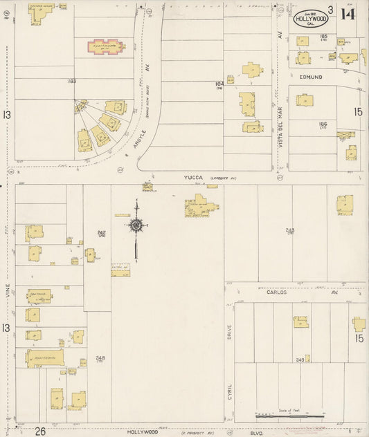 Sanborn Fire Insurance Map from Hollywood, Los Angeles County, California (1913), Sheet #0014 - Historic Sanborn Fire Insurance Map Print, vintage old map wall art, antique decor, genealogy gift, California California map