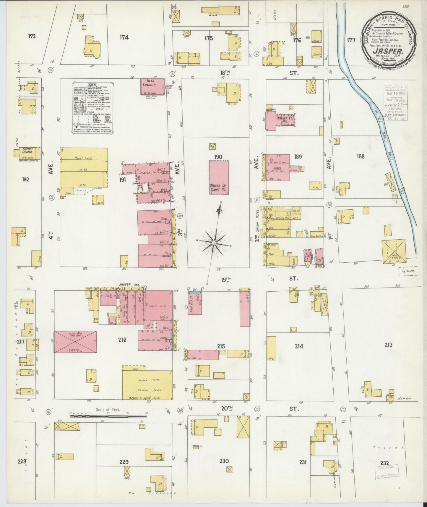 Sanborn Fire Insurance Map from Jasper, Walker County, Alabama (1900), Sheet #0001 - Historic Sanborn Fire Insurance Map Print, vintage old map wall art, antique decor, genealogy gift, Alabama Alabama map