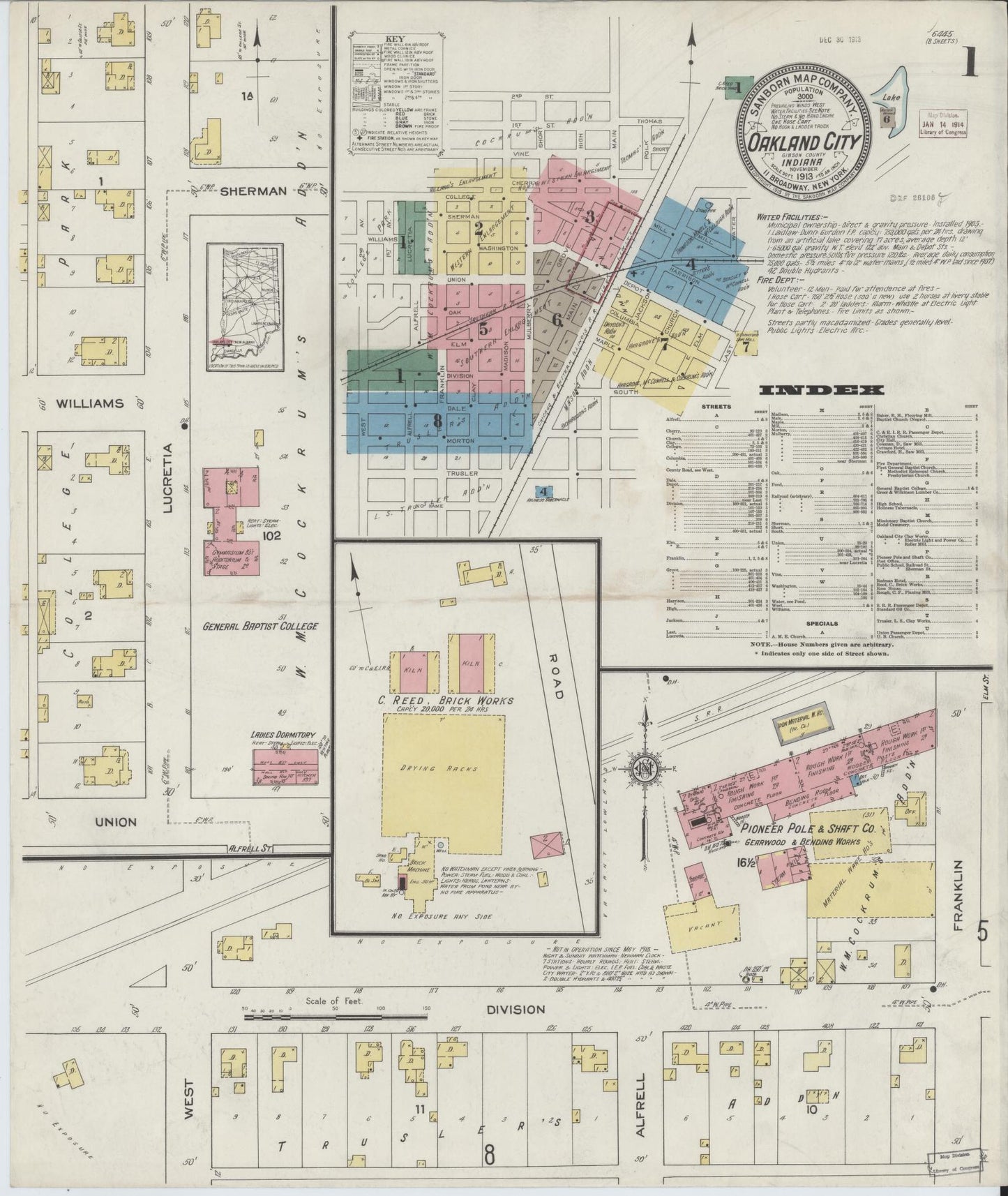 Sanborn Fire Insurance Map from Oakland City, Gibson County, Indiana (1913), Sheet #0001 - Complete Map Set gallery image, historic Sanborn map, vintage wall art, Indiana Indiana