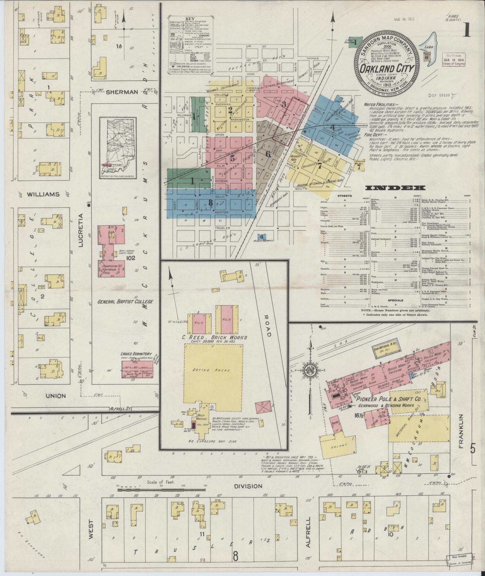 Sanborn Fire Insurance Map from Oakland City, Gibson County, Indiana (1913), Sheet #0001 - Complete Map Set gallery image, historic Sanborn map, vintage wall art, Indiana Indiana