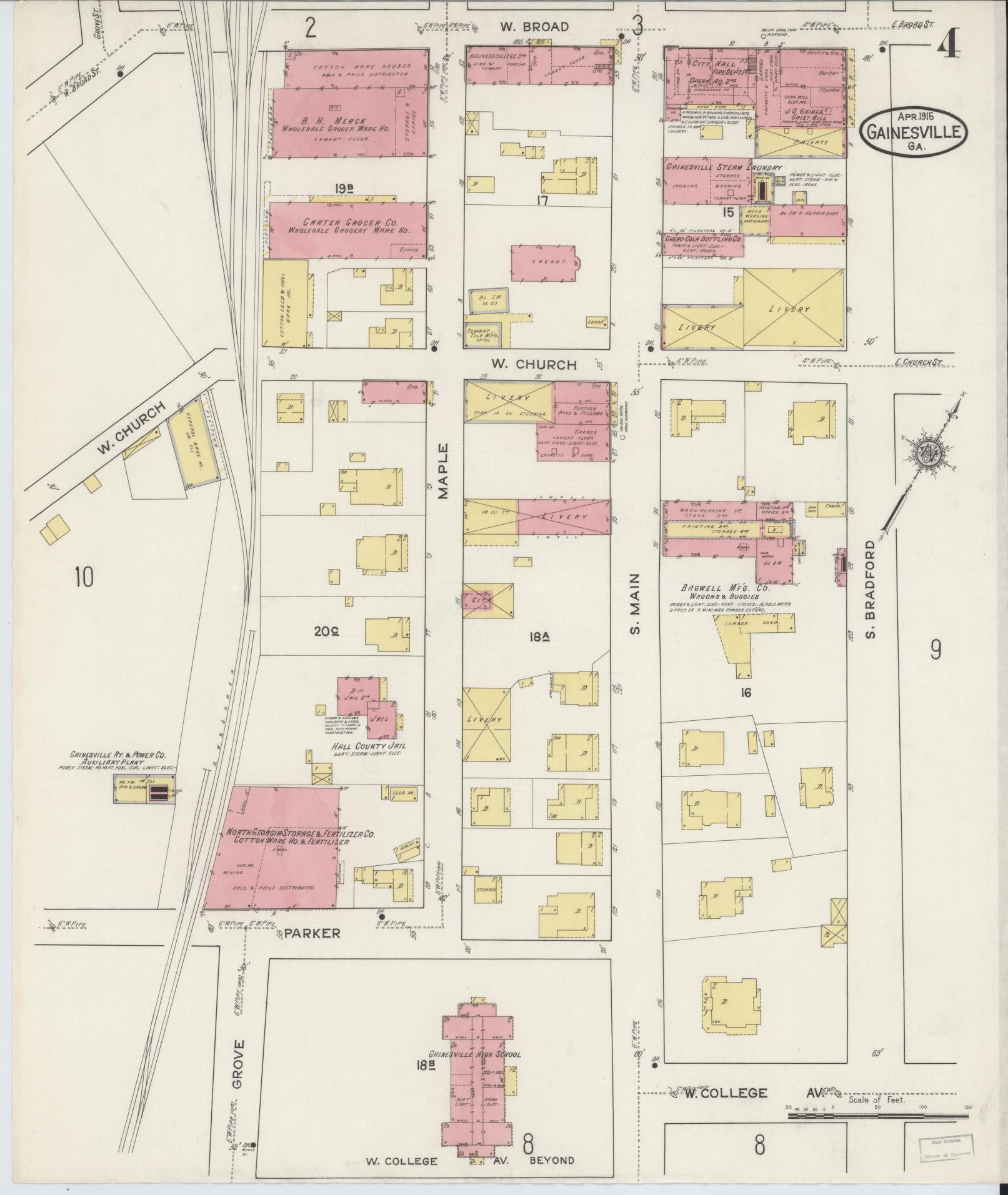 Sanborn Fire Insurance Map from Gainesville, Hall County, Georgia (1915), Sheet #0004 - Historic Sanborn Fire Insurance Map Print, vintage old map wall art, antique decor, genealogy gift, Georgia Georgia map