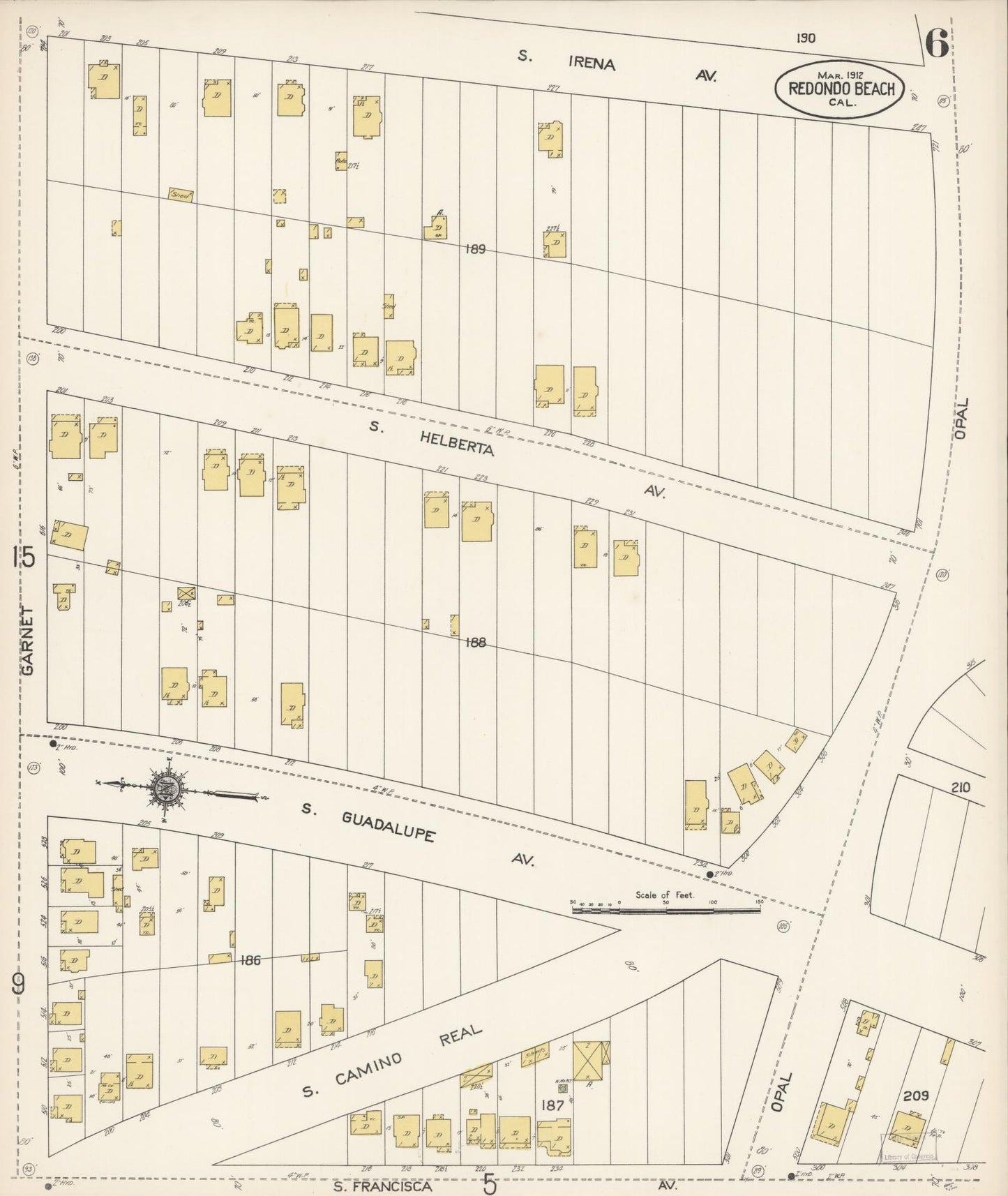 Sanborn Fire Insurance Map from Redondo Beach, Los Angeles County, California (1912), Sheet #0006 - Complete Map Set gallery image, historic Sanborn map, vintage wall art, California California