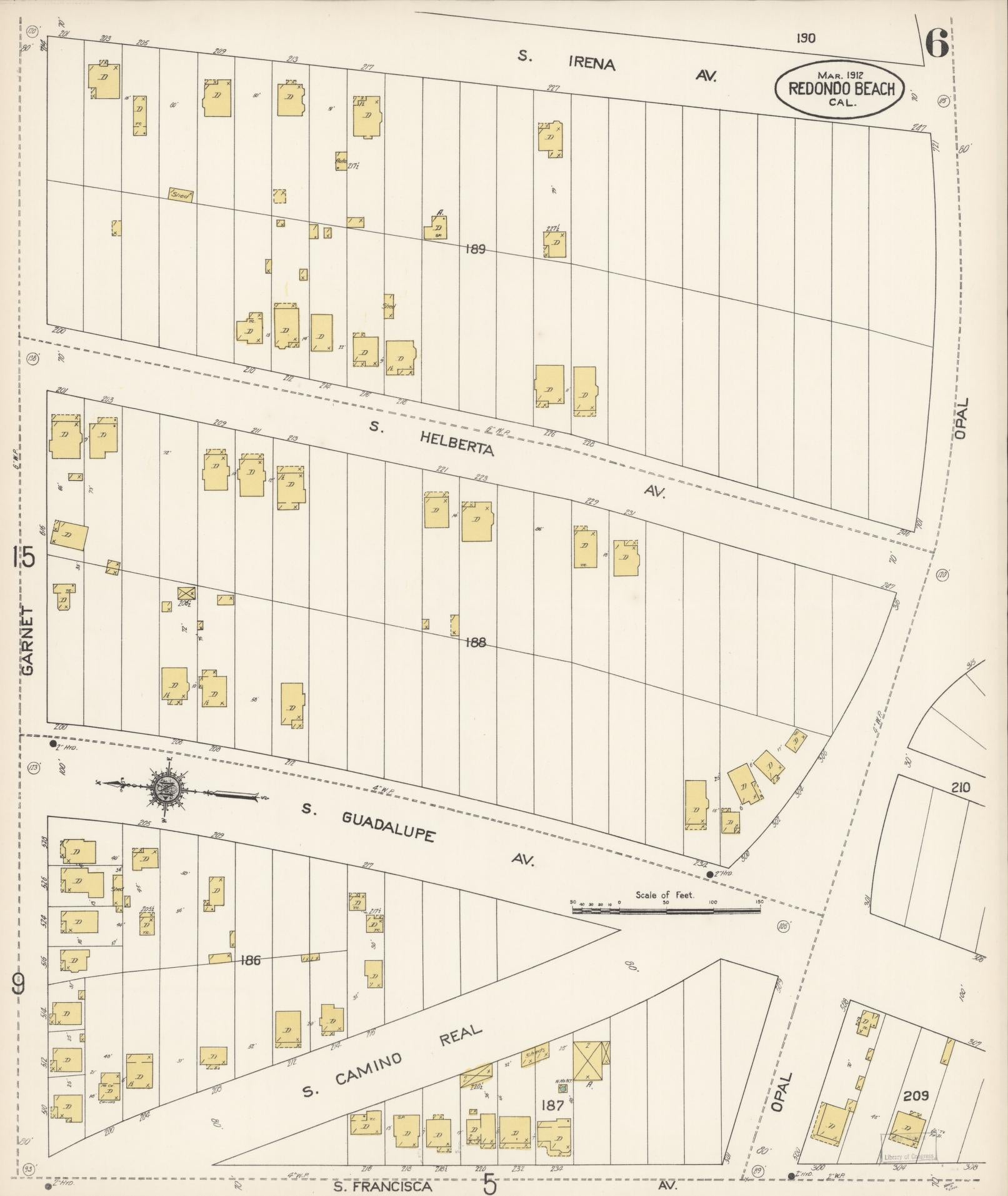 Sanborn Fire Insurance Map from Redondo Beach, Los Angeles County, California (1912), Sheet #0006 - Complete Map Set gallery image, historic Sanborn map, vintage wall art, California California
