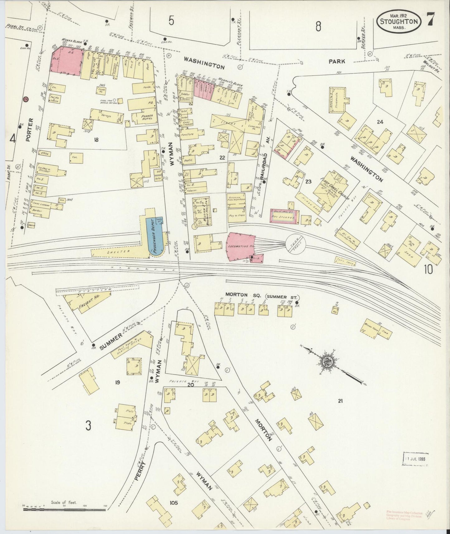 Sanborn Fire Insurance Map from Stoughton, Norfolk County, Massachusetts (1912), Sheet #0007 - Historic Sanborn Fire Insurance Map Print, vintage old map wall art, antique decor, genealogy gift, Massachusetts Massachusetts map