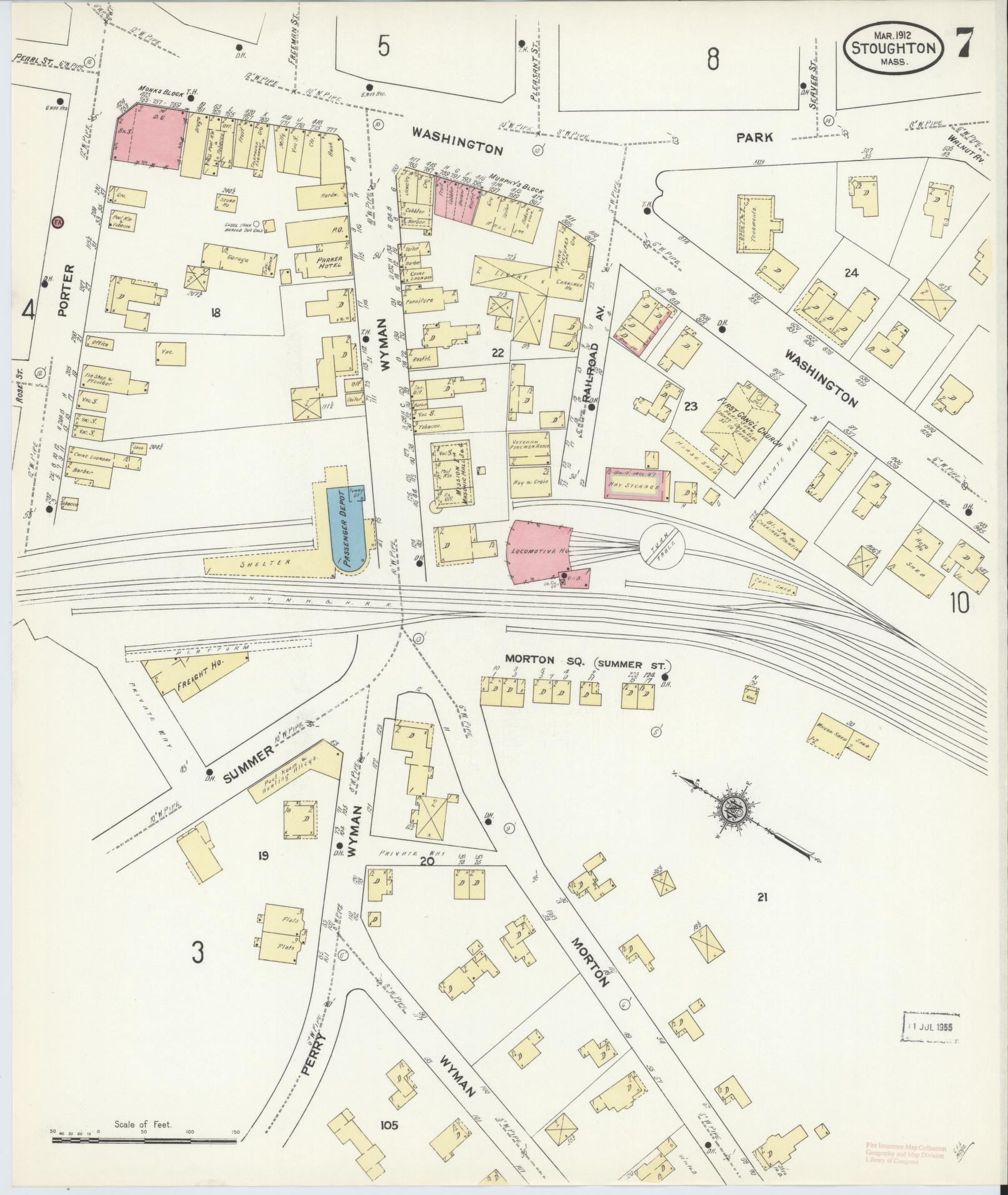 Sanborn Fire Insurance Map from Stoughton, Norfolk County, Massachusetts (1912), Sheet #0007 - Historic Sanborn Fire Insurance Map Print, vintage old map wall art, antique decor, genealogy gift, Massachusetts Massachusetts map