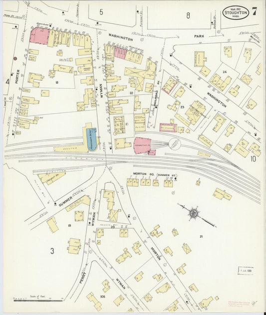Sanborn Fire Insurance Map from Stoughton, Norfolk County, Massachusetts (1912), Sheet #0007 - Historic Sanborn Fire Insurance Map Print, vintage old map wall art, antique decor, genealogy gift, Massachusetts Massachusetts map