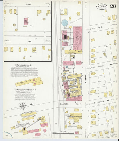Sanborn Fire Insurance Map from Warren, Trumbull County, Ohio (1908), Sheet #0028 - Historic Sanborn Fire Insurance Map Print, vintage old map wall art, antique decor, genealogy gift, Ohio Ohio map