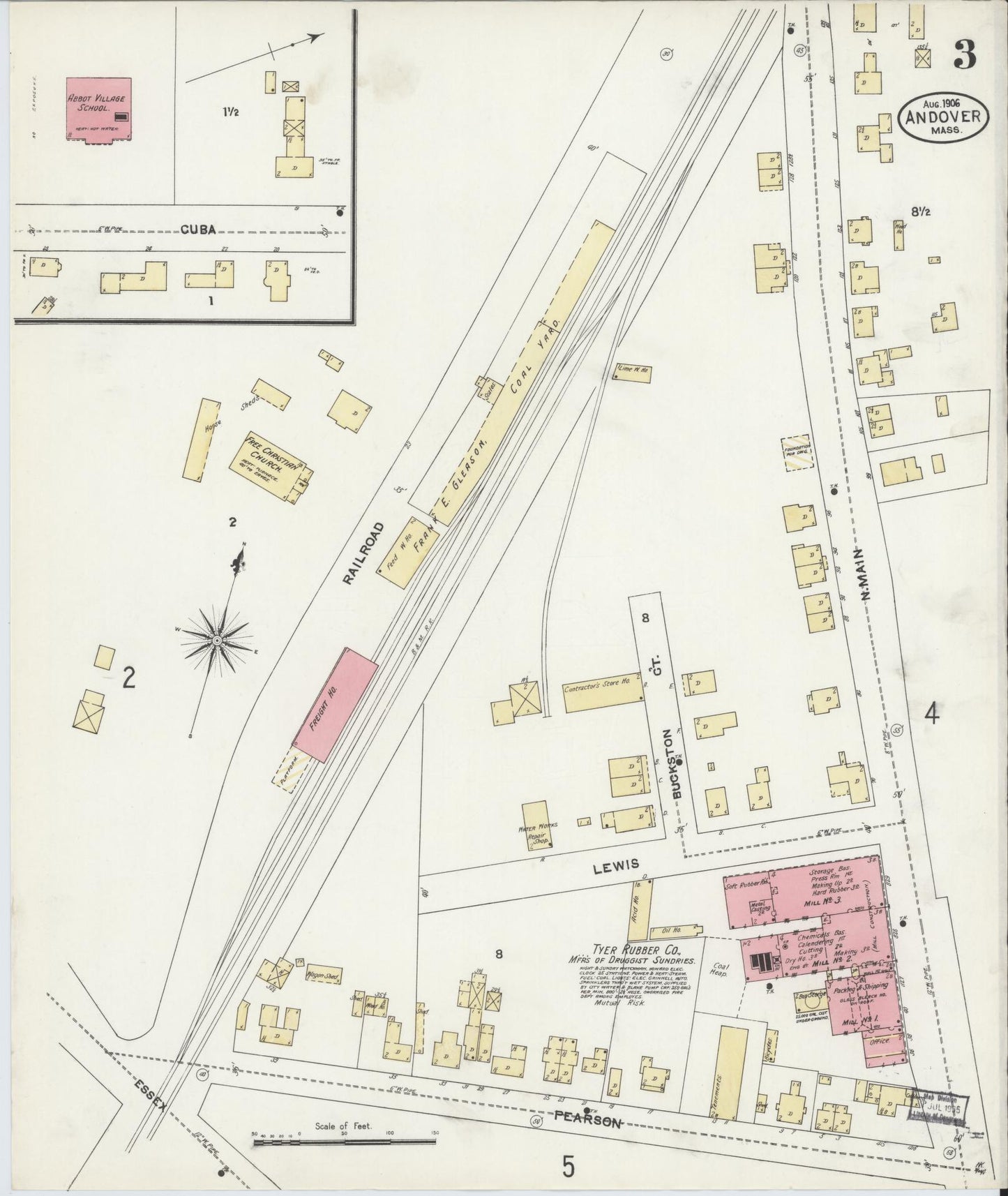 Sanborn Fire Insurance Map from Andover, Essex County, Massachusetts (1906), Sheet #0003 - Historic Sanborn Fire Insurance Map Print, vintage old map wall art, antique decor, genealogy gift, Massachusetts Massachusetts map