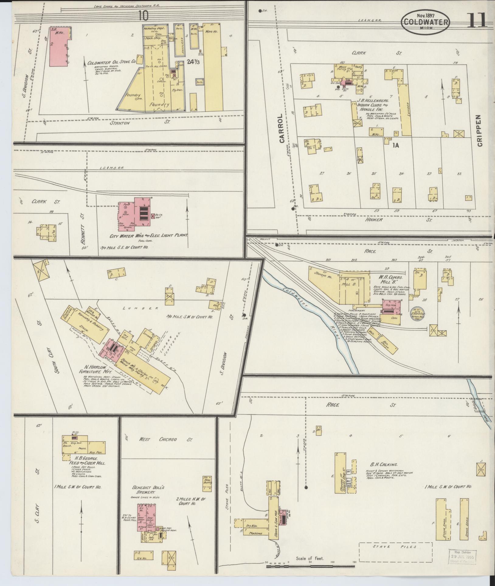 Sanborn Fire Insurance Map from Coldwater, Branch County, Michigan (1897), Sheet #0011 - Historic Sanborn Fire Insurance Map Print, vintage old map wall art, antique decor, genealogy gift, Michigan Michigan map
