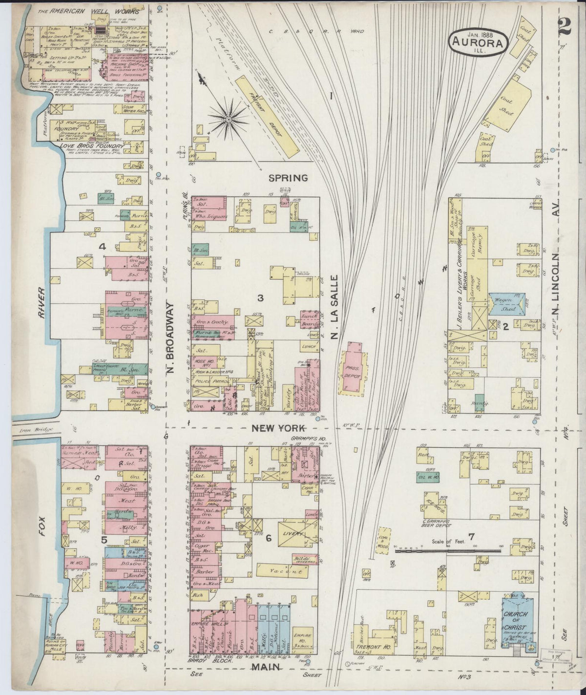 Sanborn Fire Insurance Map from Aurora, Kane County, Illinois (1888), Sheet #0002 - Complete Map Set gallery image, historic Sanborn map, vintage wall art, Illinois Illinois