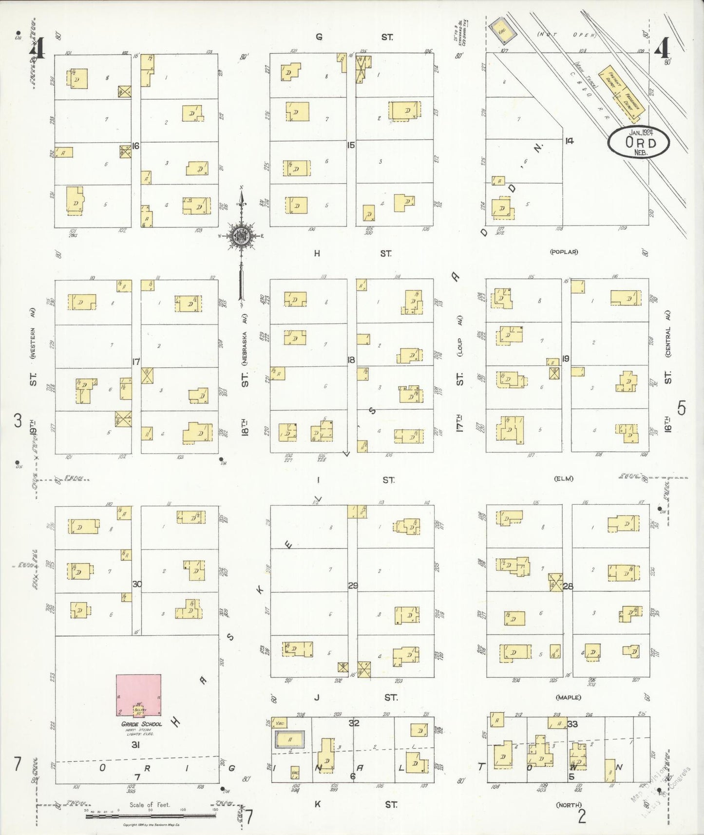Sanborn Fire Insurance Map from Ord, Valley County, Nebraska (1924), Sheet #0004 - Complete Map Set gallery image, historic Sanborn map, vintage wall art, Nebraska Nebraska