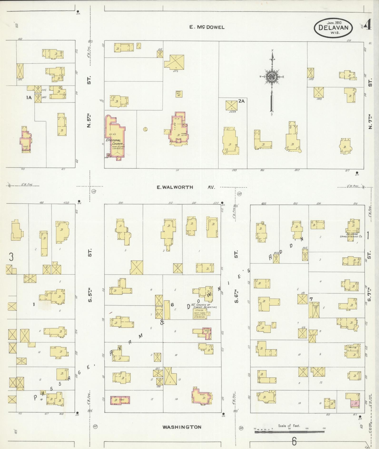 Sanborn Fire Insurance Map from Delavan, Walworth County, Wisconsin (1910), Sheet #0004 - Historic Sanborn Fire Insurance Map Print, vintage old map wall art, antique decor, genealogy gift, Wisconsin Wisconsin map