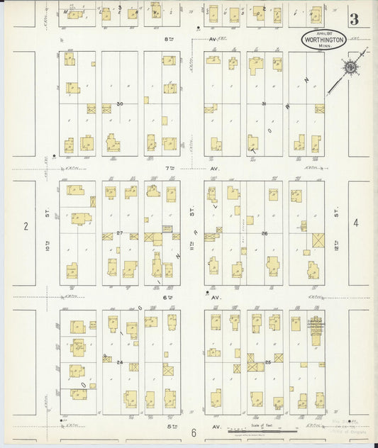 Sanborn Fire Insurance Map from Worthington, Nobles County, Minnesota (1917), Sheet #0003 - Historic Sanborn Fire Insurance Map Print, vintage old map wall art, antique decor, genealogy gift, Minnesota Minnesota map