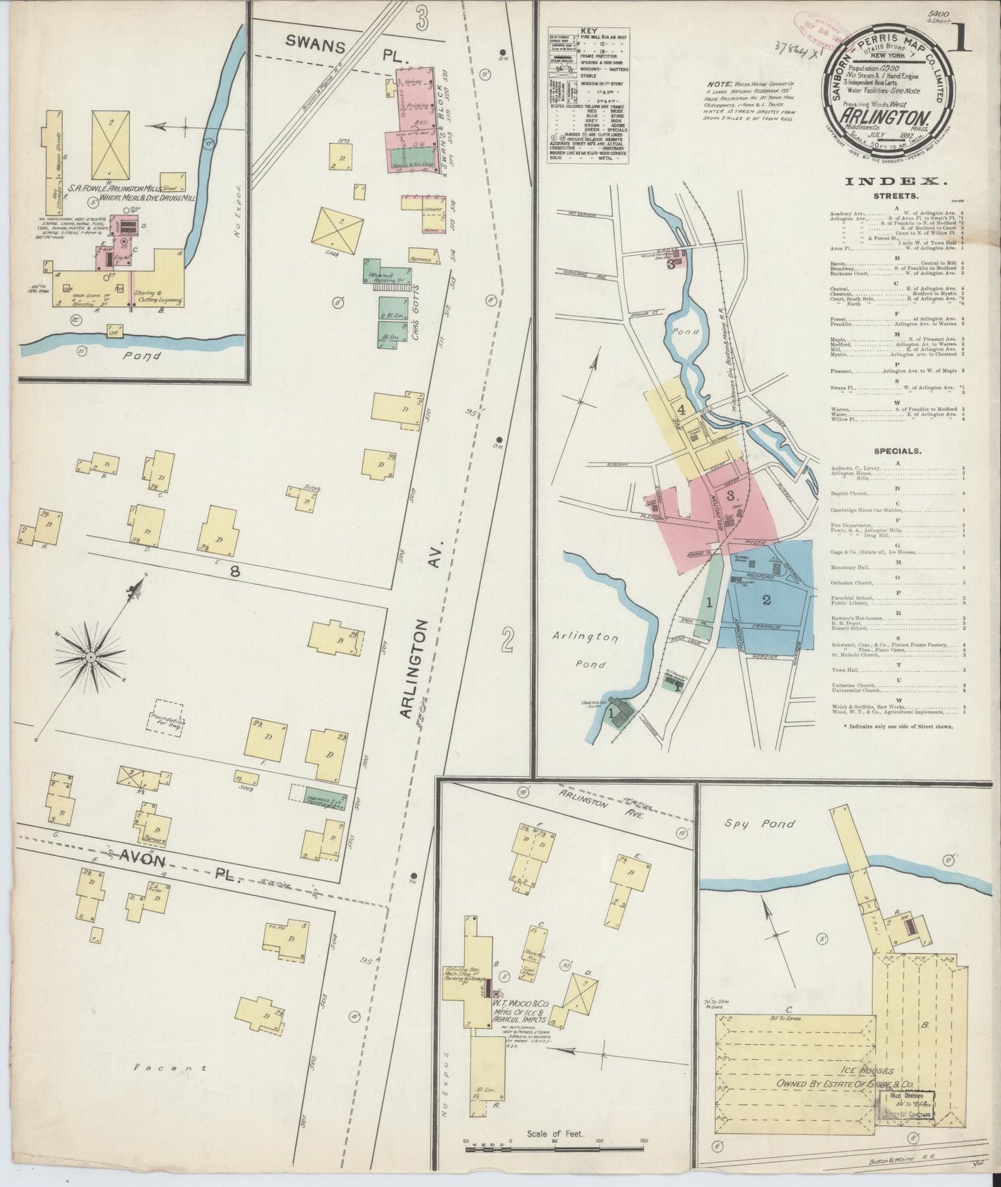 Sanborn Fire Insurance Map from Arlington, Middlesex County, Massachusetts (1892), Sheet #0001 - Complete Map Set gallery image, historic Sanborn map, vintage wall art, Massachusetts Massachusetts