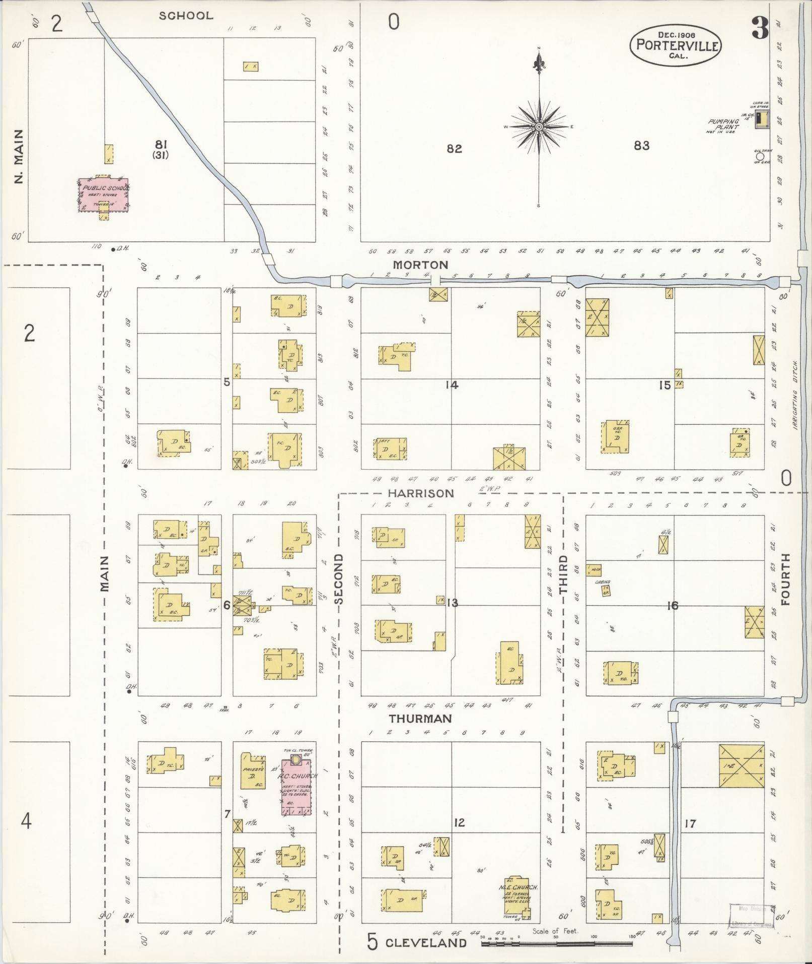 Sanborn Fire Insurance Map from Porterville, Tulare County, California (1906), Sheet #0003 - Complete Map Set gallery image, historic Sanborn map, vintage wall art, California California