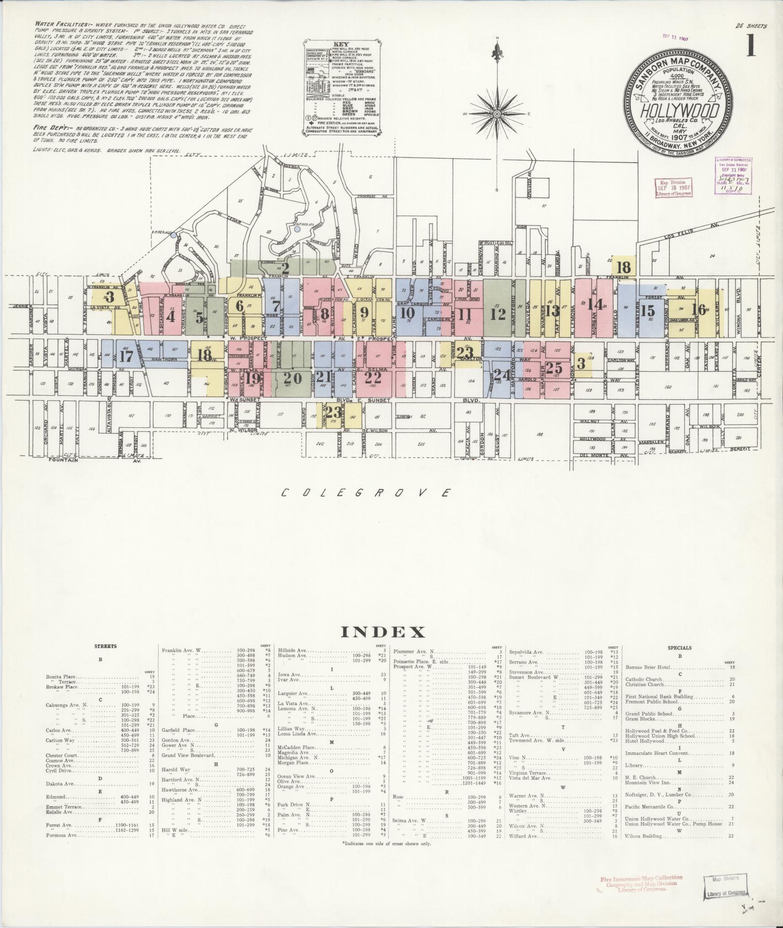 Sanborn Fire Insurance Map from Hollywood, Los Angeles County, California (1907), Sheet #0001 - Historic Sanborn Fire Insurance Map Print, vintage old map wall art, antique decor, genealogy gift, California California map
