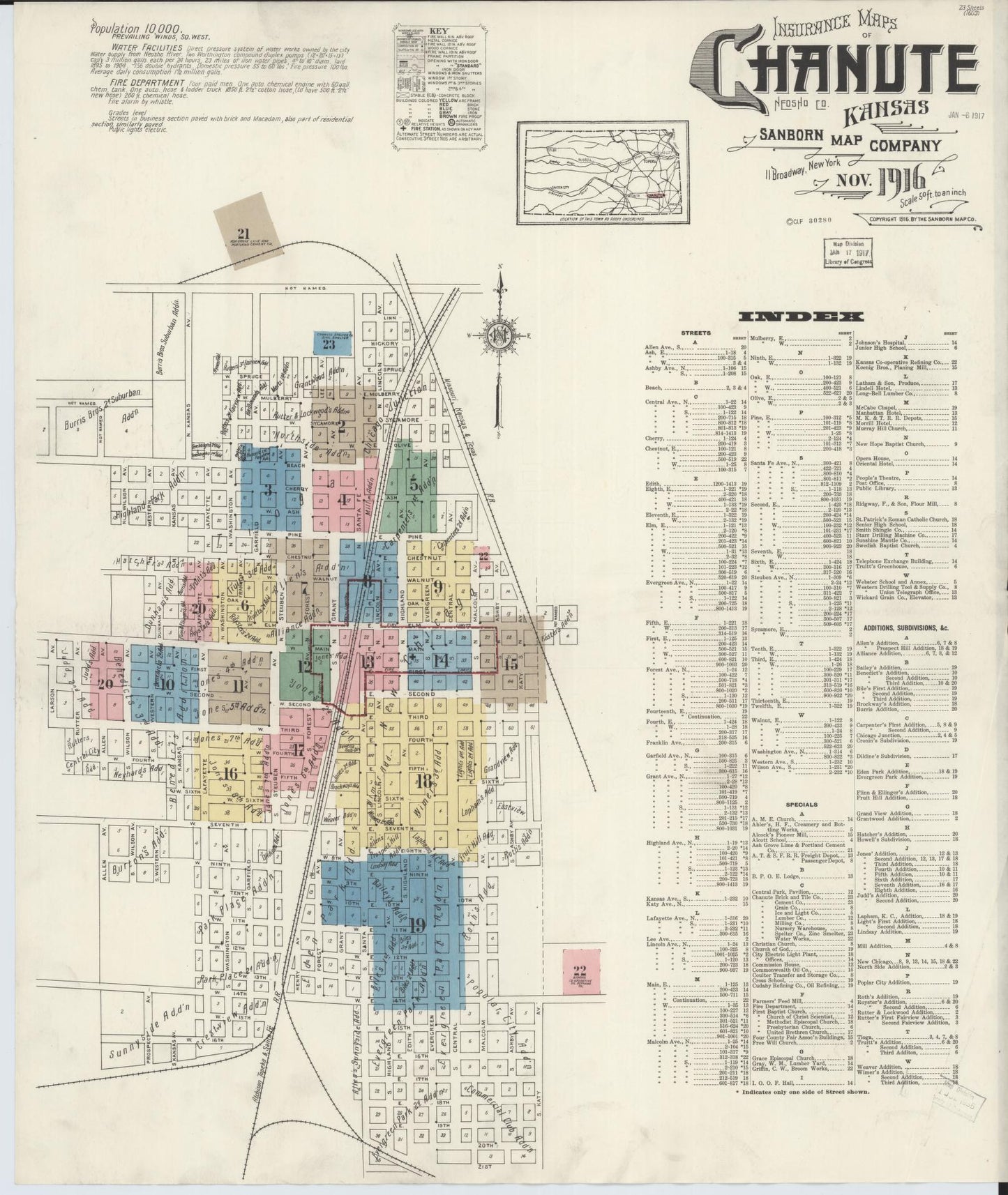 Sanborn Fire Insurance Map from Chanute, Neosho County, Kansas (1916), Sheet #0001 - Historic Sanborn Fire Insurance Map Print, vintage old map wall art, antique decor, genealogy gift, Kansas Kansas map