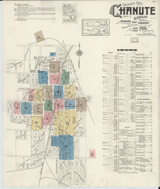Sanborn Fire Insurance Map from Chanute, Neosho County, Kansas (1916), Sheet #0001 - Historic Sanborn Fire Insurance Map Print, vintage old map wall art, antique decor, genealogy gift, Kansas Kansas map