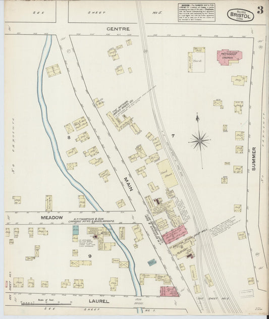 Sanborn Fire Insurance Map from Bristol, Hartford County, Connecticut (1884), Sheet #0003 - Historic Sanborn Fire Insurance Map Print, vintage old map wall art, antique decor, genealogy gift, Connecticut Connecticut map