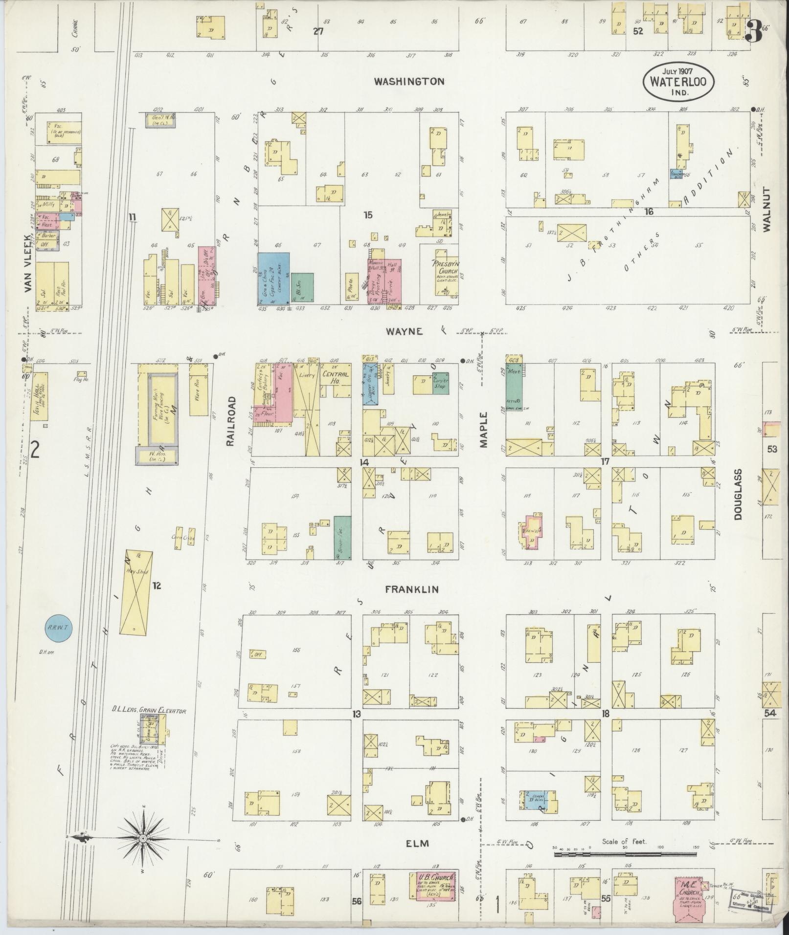 Sanborn Fire Insurance Map from Waterloo, De Kalb County, Indiana (1907), Sheet #0003 - Complete Map Set gallery image, historic Sanborn map, vintage wall art, Indiana Indiana