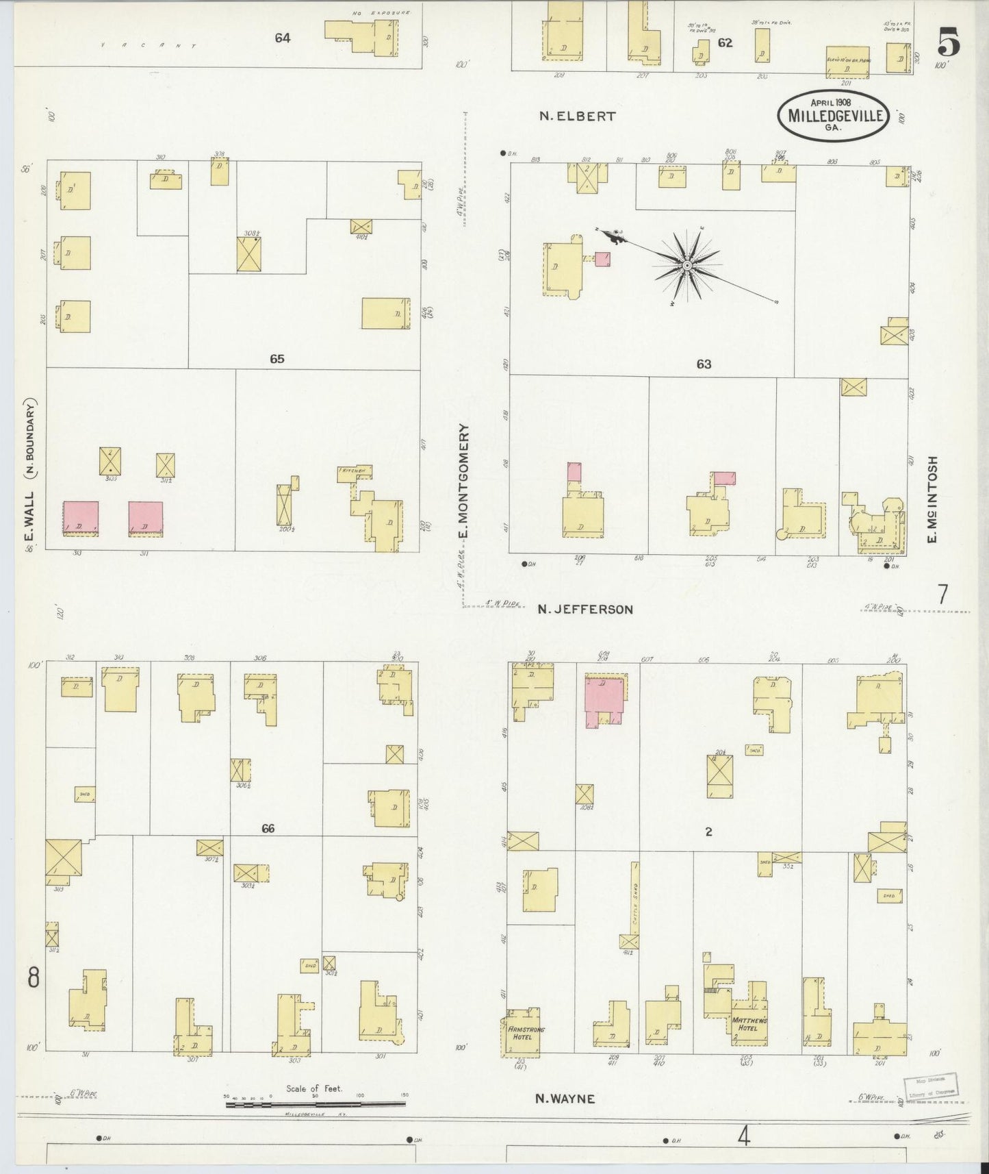 Sanborn Fire Insurance Map from Milledgeville, Baldwin County, Georgia (1908), Sheet #0005 - Historic Sanborn Fire Insurance Map Print, vintage old map wall art, antique decor, genealogy gift, Georgia Georgia map