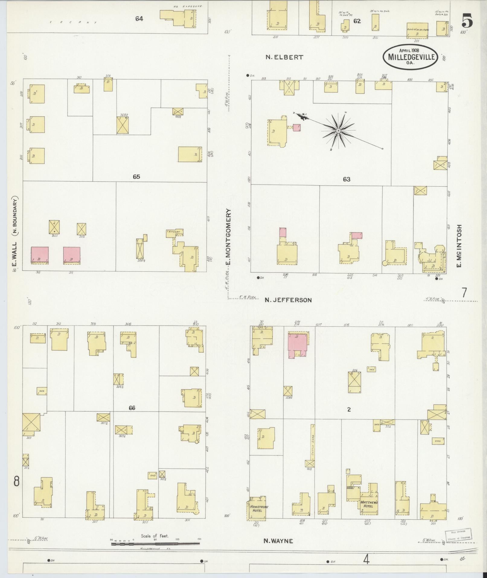 Sanborn Fire Insurance Map from Milledgeville, Baldwin County, Georgia (1908), Sheet #0005 - Historic Sanborn Fire Insurance Map Print, vintage old map wall art, antique decor, genealogy gift, Georgia Georgia map