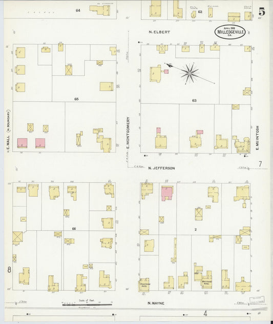 Sanborn Fire Insurance Map from Milledgeville, Baldwin County, Georgia (1908), Sheet #0005 - Historic Sanborn Fire Insurance Map Print, vintage old map wall art, antique decor, genealogy gift, Georgia Georgia map