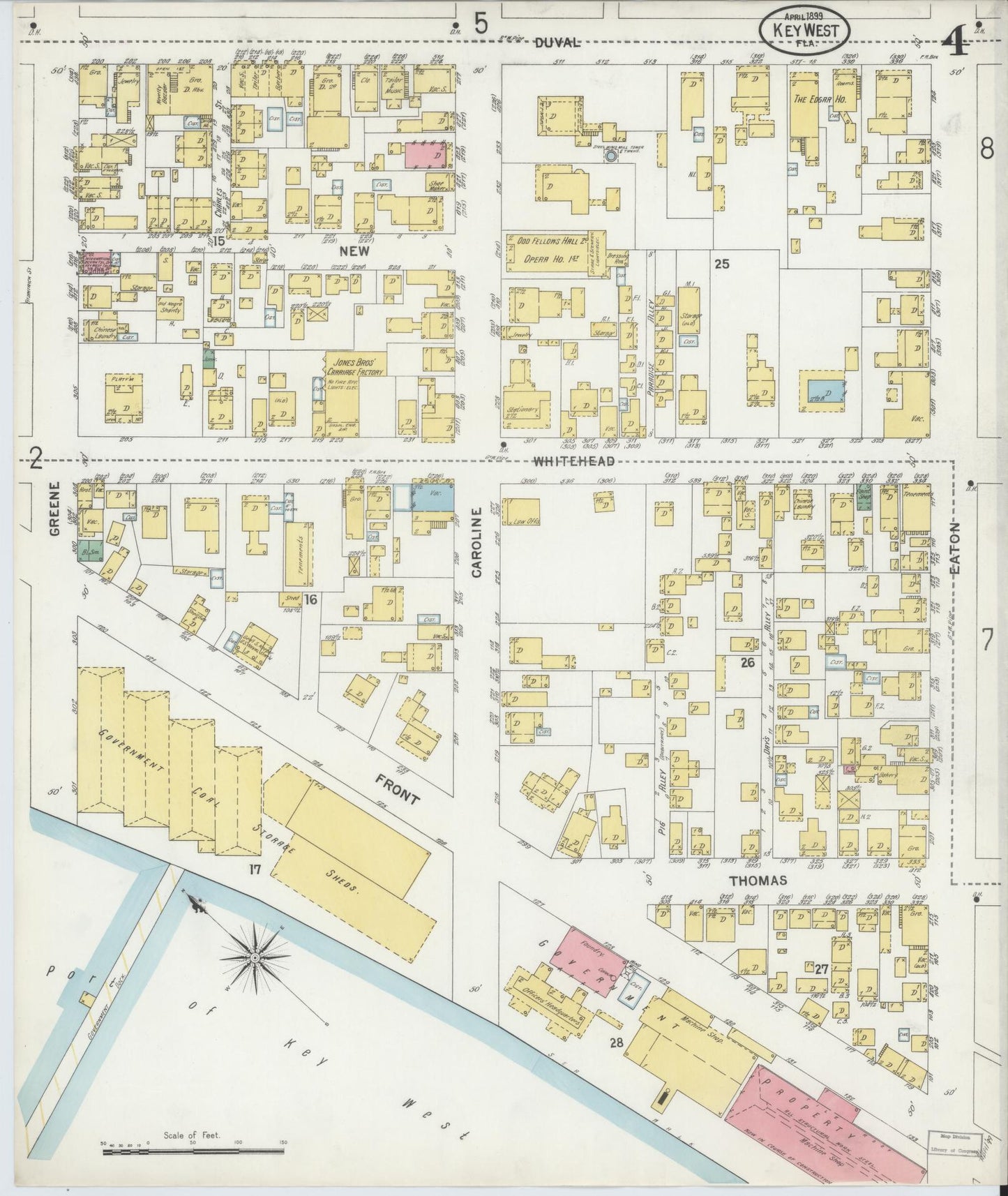 Sanborn Fire Insurance Map from Key West, Monroe County, Florida (1899), Sheet #0004 - Historic Sanborn Fire Insurance Map Print, vintage old map wall art, antique decor, genealogy gift, Florida Florida map