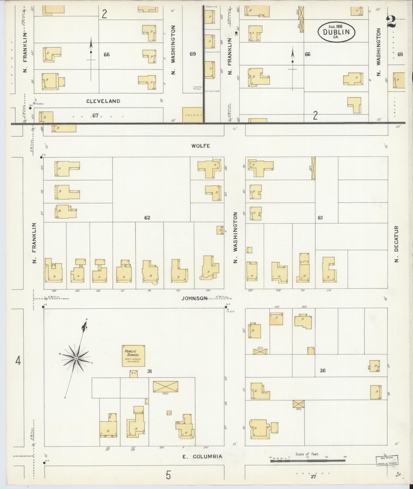 Sanborn Fire Insurance Map from Dublin, Laurens County, Georgia (1908), Sheet #0002 - Historic Sanborn Fire Insurance Map Print, vintage old map wall art, antique decor, genealogy gift, Georgia Georgia map