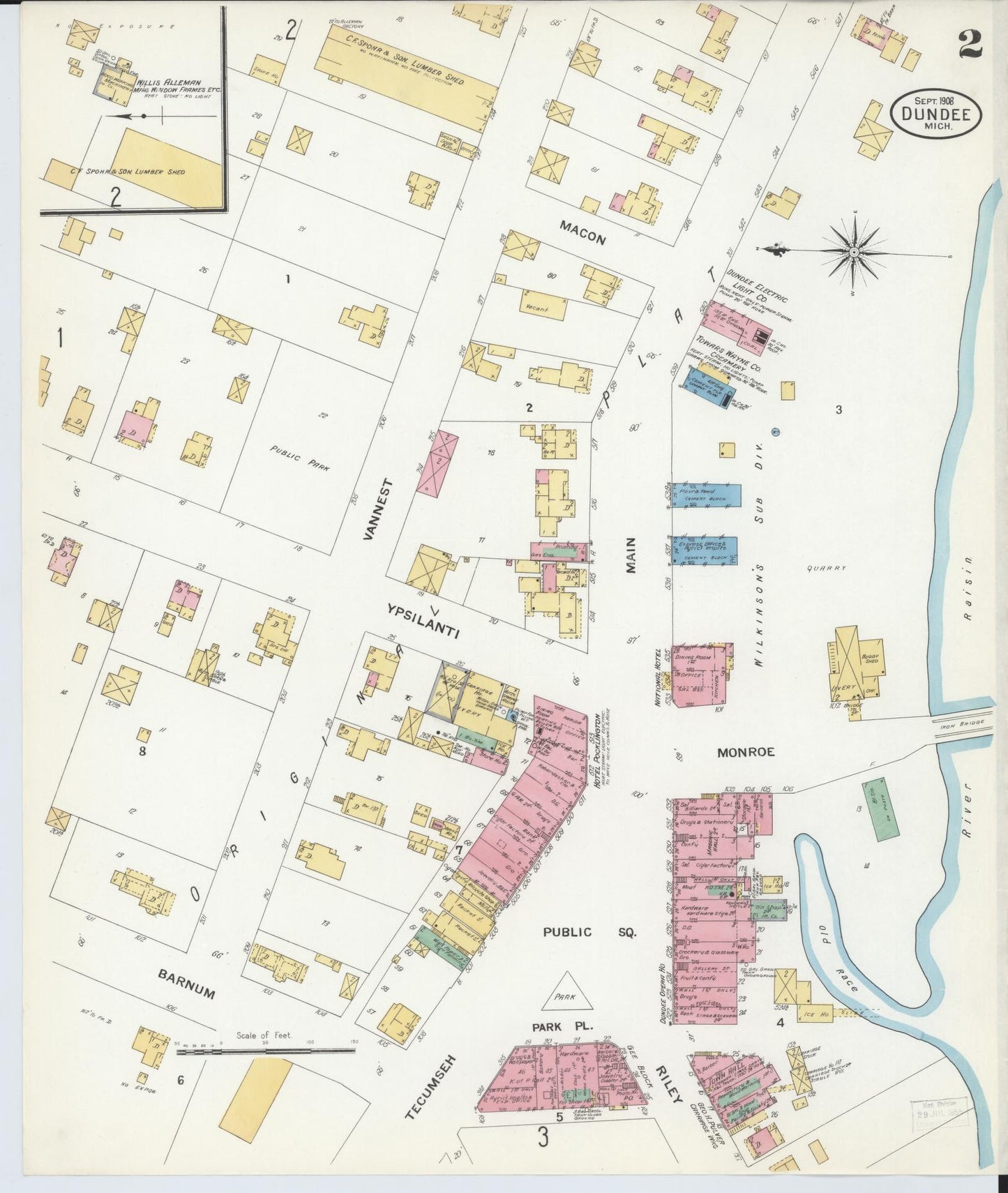 Sanborn Fire Insurance Map from Dundee, Monroe County, Michigan (1908), Sheet #0002 - Historic Sanborn Fire Insurance Map Print, vintage old map wall art, antique decor, genealogy gift, Michigan Michigan map
