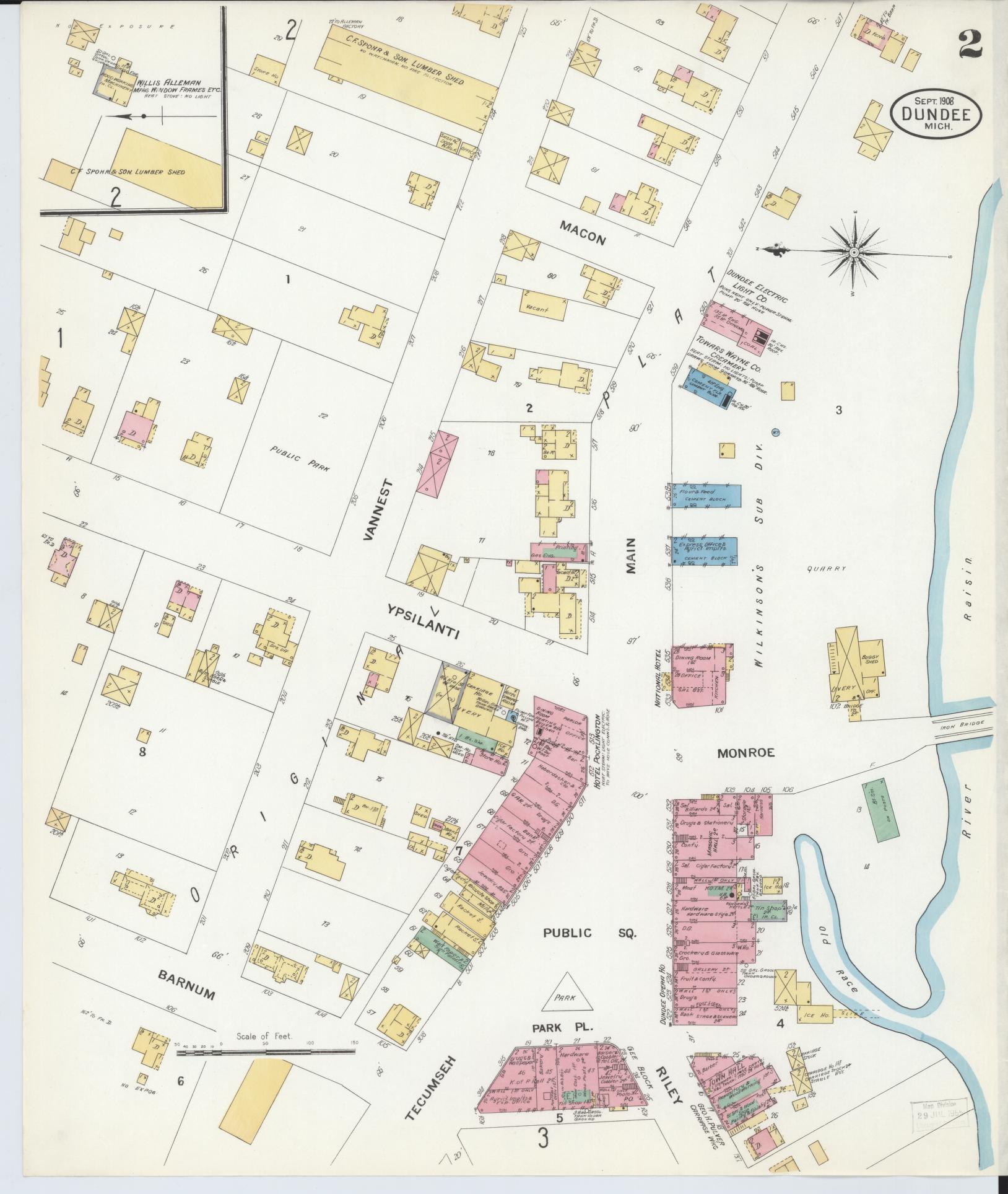 Sanborn Fire Insurance Map from Dundee, Monroe County, Michigan (1908), Sheet #0002 - Historic Sanborn Fire Insurance Map Print, vintage old map wall art, antique decor, genealogy gift, Michigan Michigan map