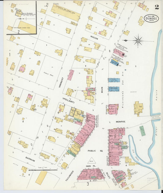 Sanborn Fire Insurance Map from Dundee, Monroe County, Michigan (1908), Sheet #0002 - Historic Sanborn Fire Insurance Map Print, vintage old map wall art, antique decor, genealogy gift, Michigan Michigan map