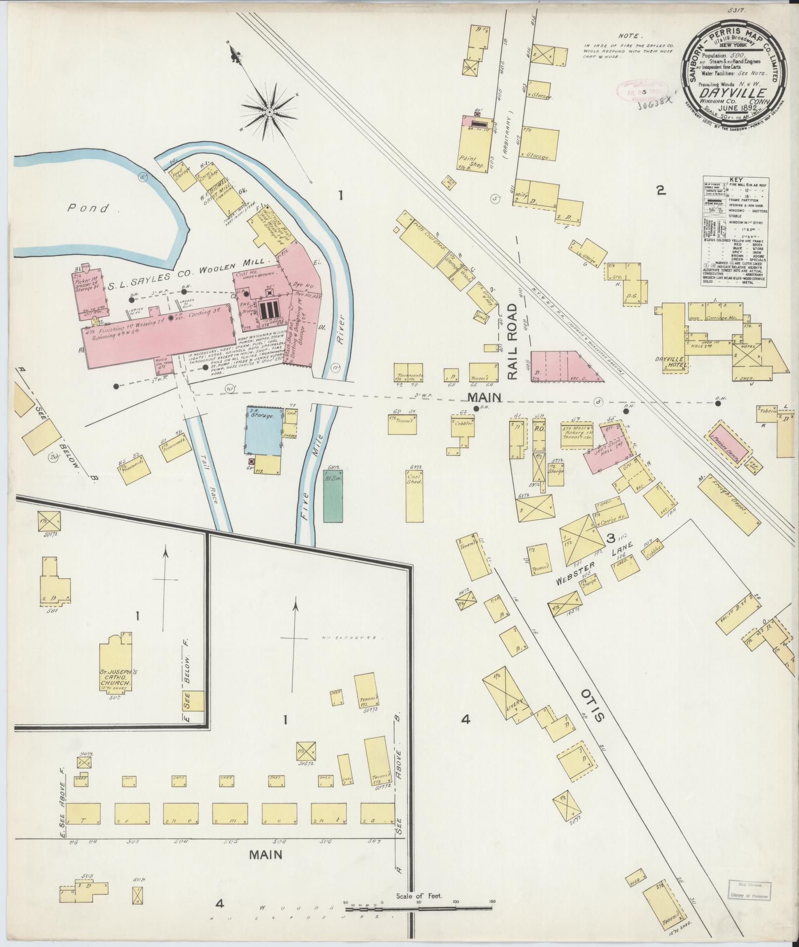Sanborn Fire Insurance Map from Dayville, Windbam County, Connecticut (1892), Sheet #0001 - Historic Sanborn Fire Insurance Map Print, vintage old map wall art, antique decor, genealogy gift, Connecticut Connecticut map