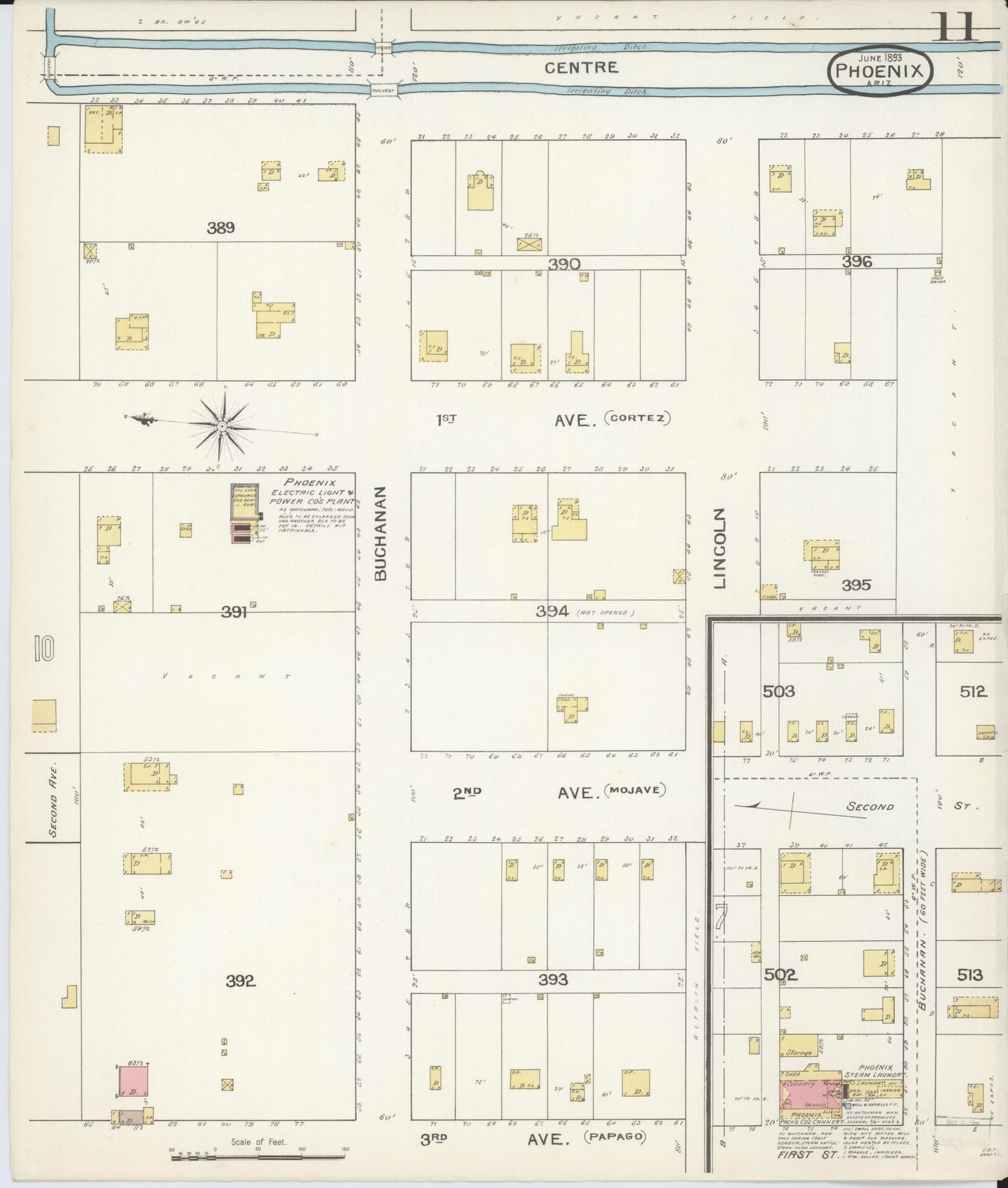 Sanborn Fire Insurance Map from Phoenix, Maricopa County, Arizona (1893), Sheet #0011 - Historic Sanborn Fire Insurance Map Print, vintage old map wall art, antique decor, genealogy gift, Arizona Arizona map